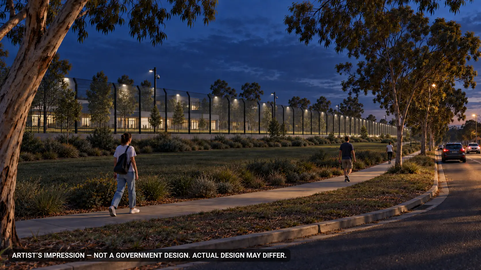 Campaign artist impression of a possible night-time view of the Adult and Sub-Acute precinct perimeter; this is not an actual or approved design.