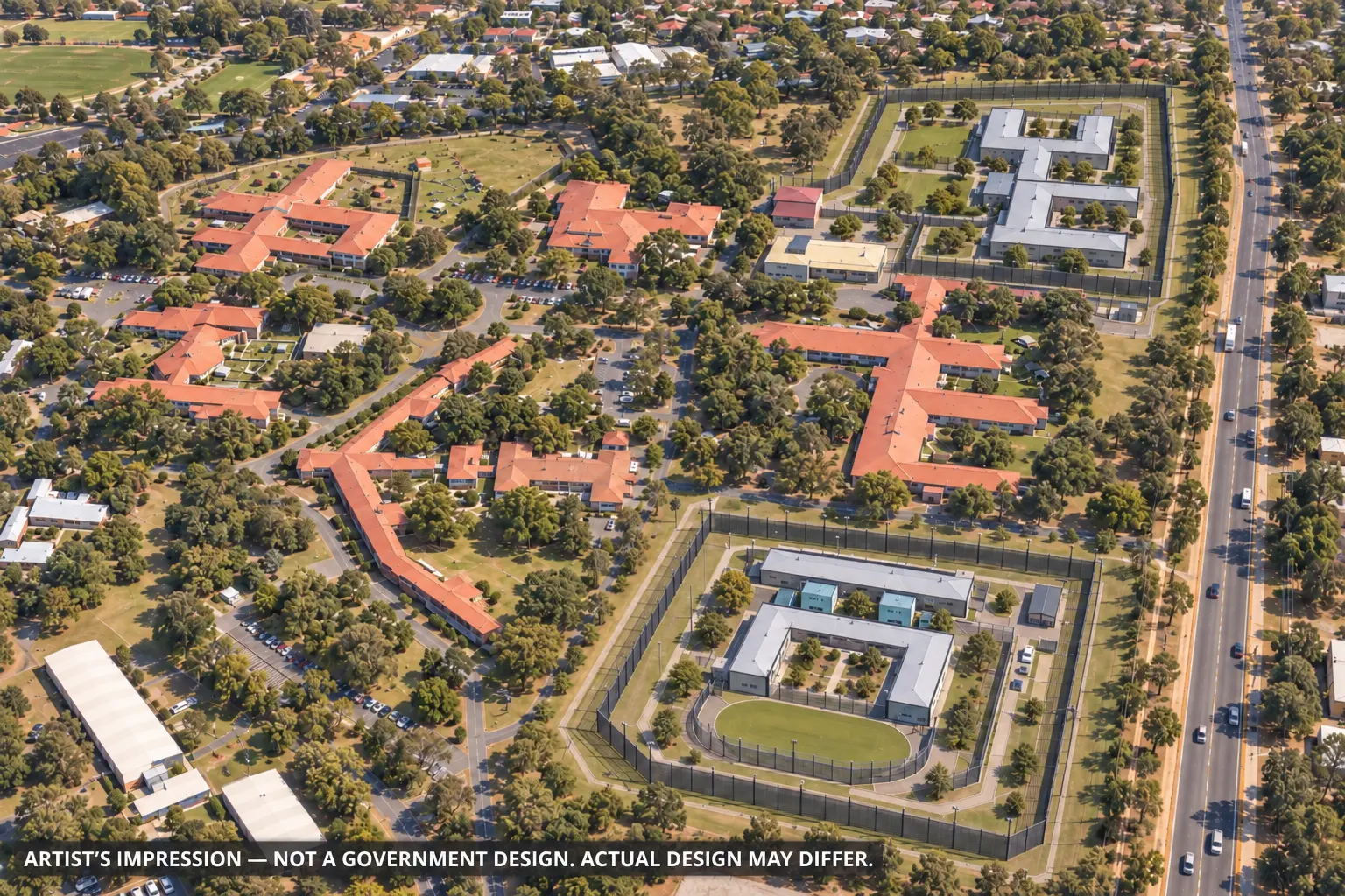 Campaign artist impression of the Graylands campus with the existing Frankland Centre and two possible new secure precincts; this is not an actual or approved design.