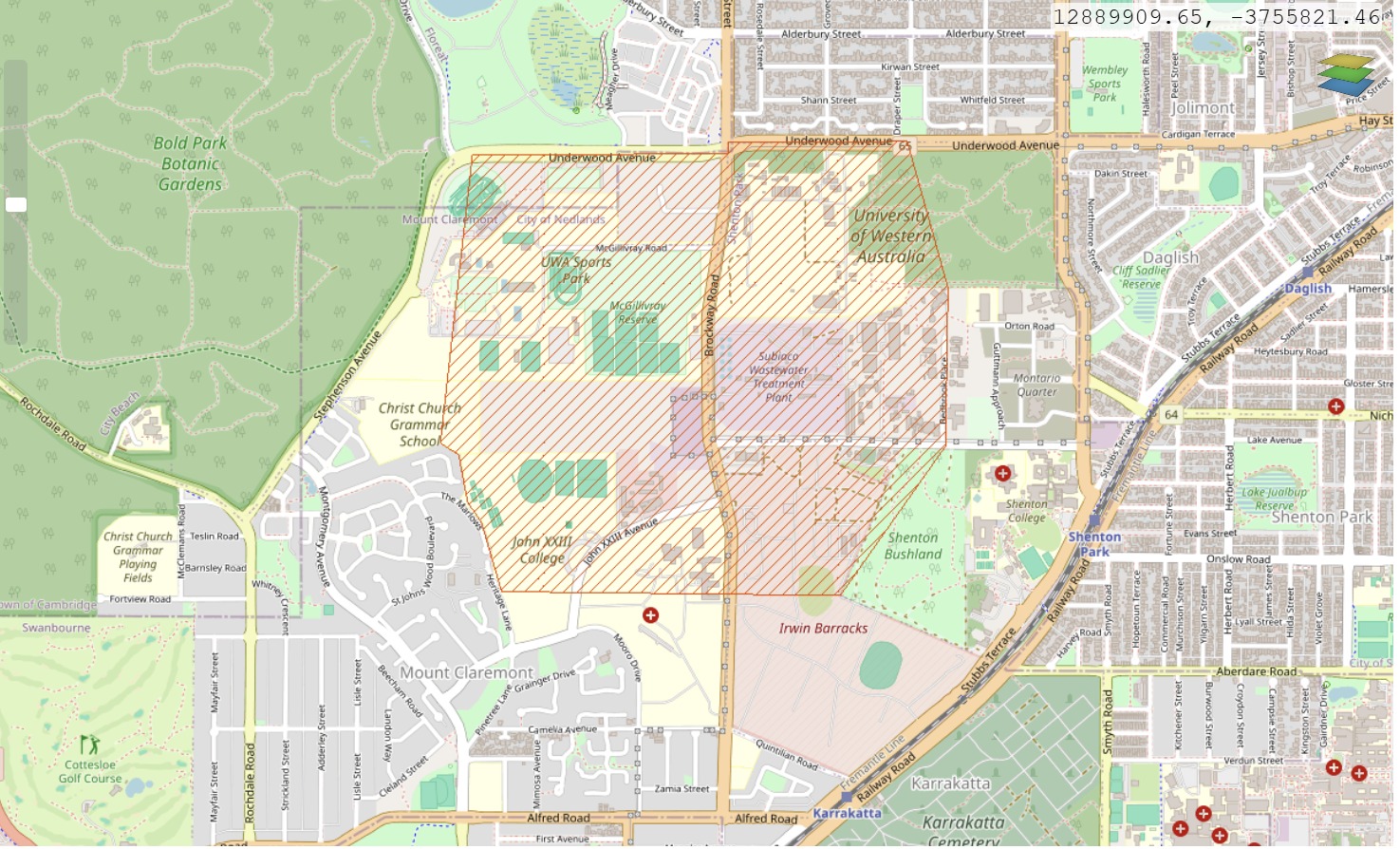 Official Water Corporation Buffer Areas map showing the mapped Subiaco Wastewater Treatment Plant odour buffer as a hatched zone covering the Graylands area, McGillivray Reserve, UWA Sports Park and the treatment plant itself.