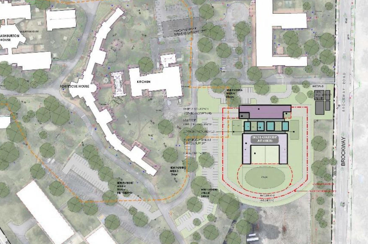 Close-up of the site development plan showing the separate Child and Adolescent Unit cluster near Brockway Road, with its own red-dashed secure perimeter.