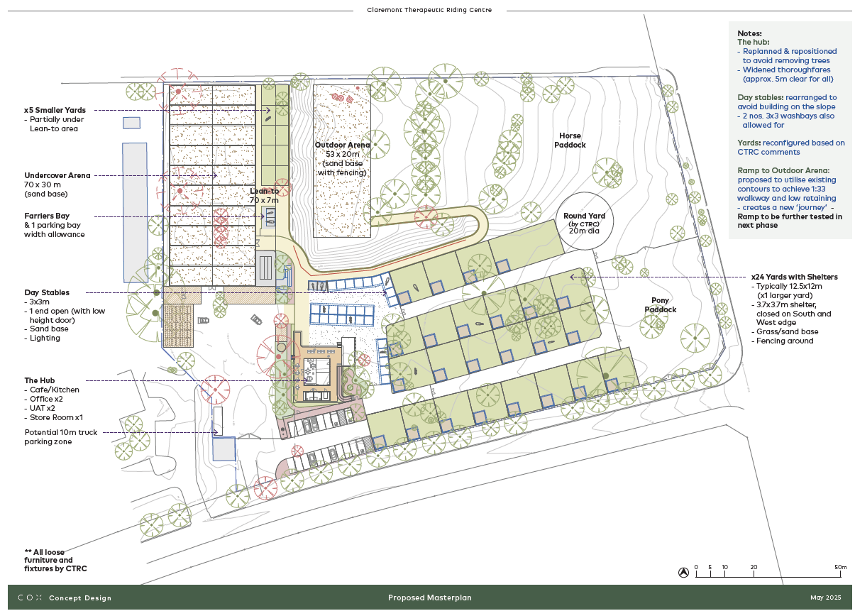 Concept design master plan for the relocated Claremont Therapeutic Riding Centre, showing stables, an undercover arena, an outdoor arena and horse paddocks, dated May 2025.