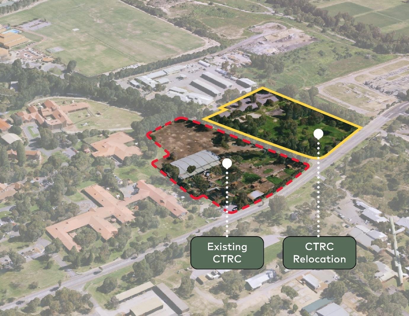 Aerial rendering showing the existing Claremont Therapeutic Riding Centre outlined in red and its relocation site outlined in yellow, on the opposite side of John XXIII Avenue.