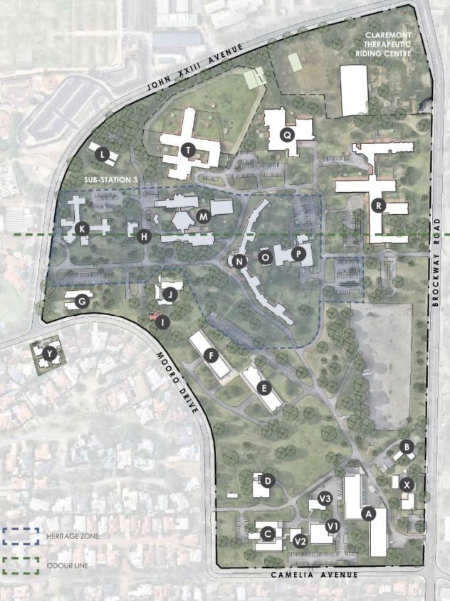 Existing site plan of Graylands Hospital from the 2025 tender, showing the current building layout, a heritage zone boundary, and an odour line running through the site.