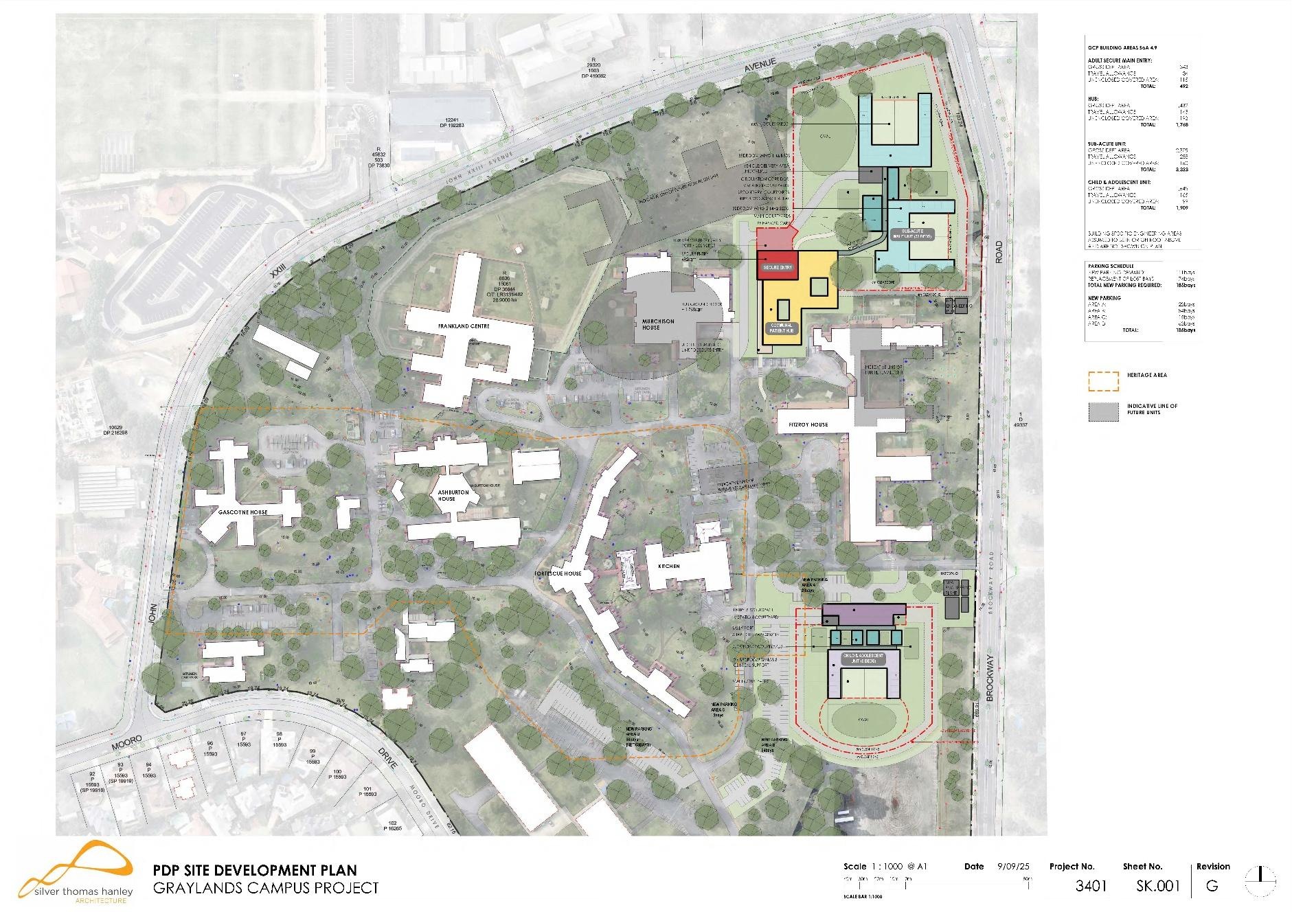 Site development plan from the State's 2025 Managing Contractor tender, showing the Adult Secure Main Entry, Hub and Sub-Acute Unit as coloured building footprints against the John XXIII Avenue boundary, and the separate Child and Adolescent Unit within its own fenced perimeter near Brockway Road.