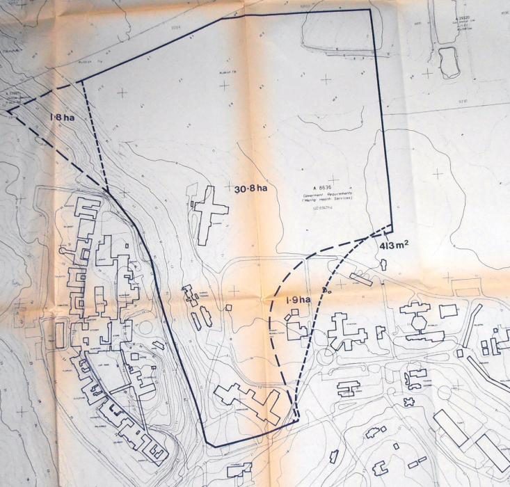 1983 surveyed land parcel map showing the proposed John XXIII College site in hectares, directly adjoining the Graylands Hospital buildings, prepared by Feilman Planning Consultants.