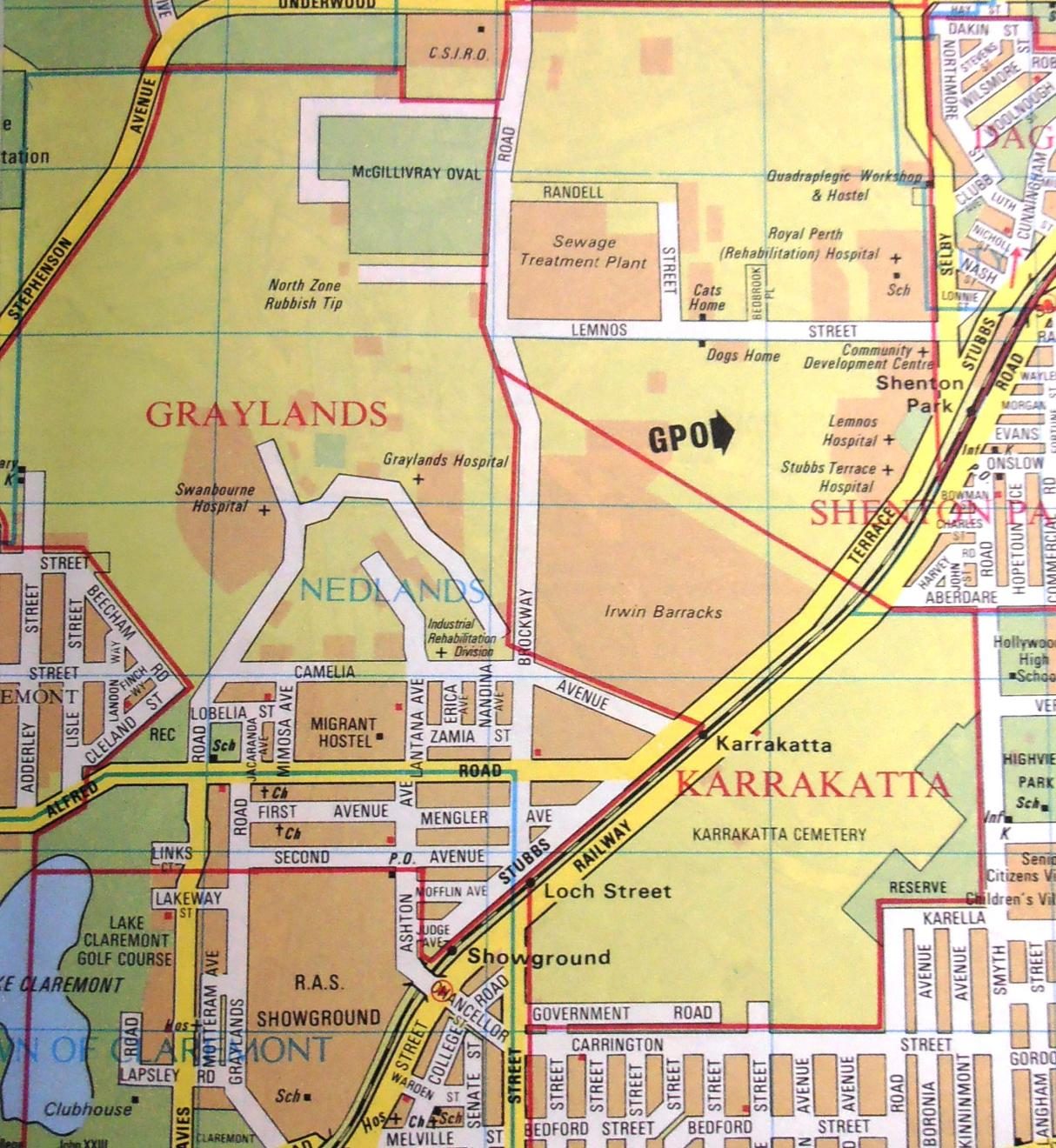 1980 street directory map of Graylands and surrounding suburbs, showing Graylands Hospital, Swanbourne Hospital and the Migrant Hostel in close proximity within the suburb, with Karrakatta, Nedlands and Shenton Park marked nearby.