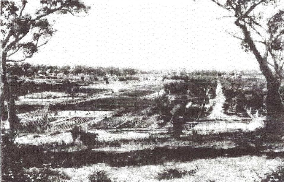 Hazy 1913 photograph looking over open, sparsely developed land near Claremont, showing market gardens and scattered buildings with no dense housing.