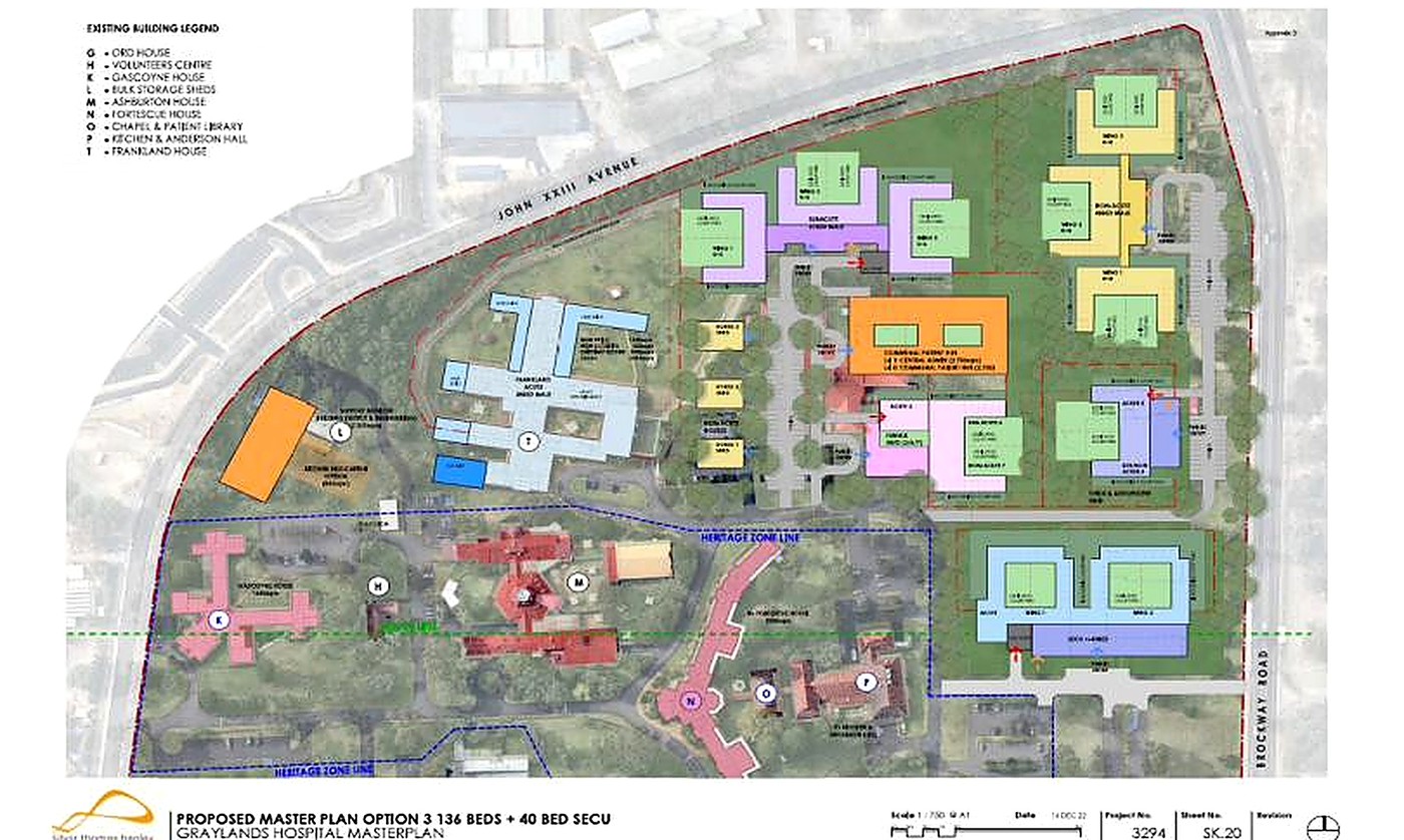 Proposed Master Plan Option 3 for the Graylands Hospital campus, showing the full 136 forensic plus 40 secure rehabilitation bed build-out as coloured building blocks across the northern part of the site, with a heritage zone line and an odour line marked, dated 14 December 2022.