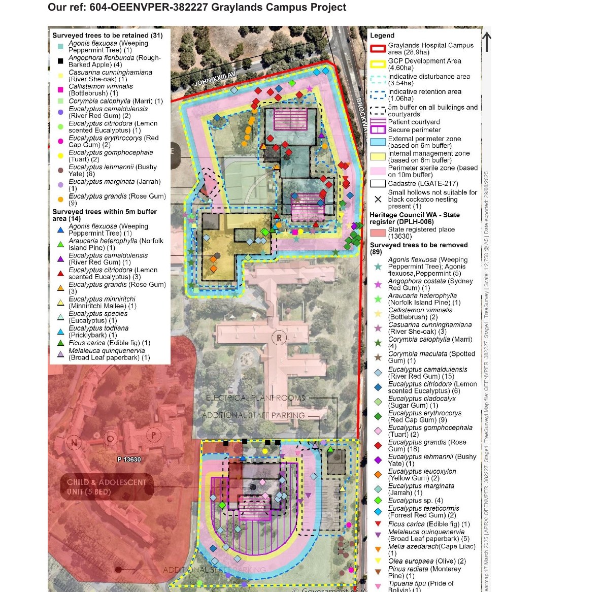Environmental consultant's site map of the Graylands Campus Project development area, showing both proposed secure compounds — the Adult Secure Main Entry, Hub and Sub-Acute Unit cluster near John XXIII Avenue, and the separate Child and Adolescent Unit near Brockway Road — each ringed by the same three concentric coloured security buffer zones, with individual surveyed trees marked for removal or retention, and the State registered heritage place shaded at lower left.