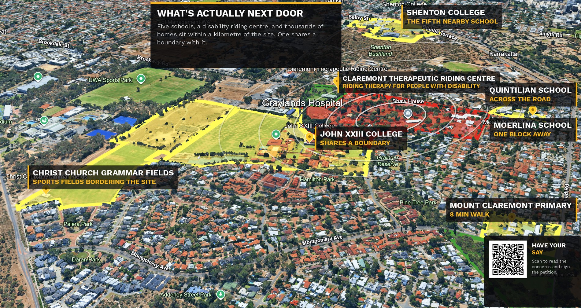 Annotated aerial map of Mount Claremont showing the Graylands site proposed for forensic expansion, with John XXIII College sharing its boundary, Quintilian School across the road, Moerlina School and Mount Claremont Primary nearby, and the Claremont Therapeutic Riding Centre adjoining the site.