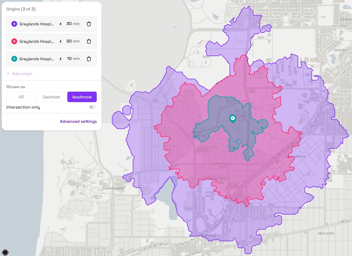 Walking-time isochrone map centred on Graylands Hospital, showing the area reachable on foot within 10, 20 and 30 minutes. The 30-minute walk reaches into Swanbourne, Karrakatta, Claremont and Nedlands; the 10-minute walk already covers a substantial residential area immediately around the campus.